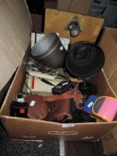 A box full of mixed cameras and equipment including Kodak Instamatic, universal exposure meter and