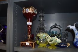 A selection of antique glass wares including vaseline and hand painted Bohemian garniture (AF)