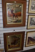 Two carved oak framed mirrors decorated with painted stag scenes