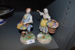 Two Dresden styled figure bases of flower sellers both hand decorated