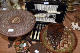 A selection of wood treen items including tray table and wall sconce also Firthstaybright cutlery