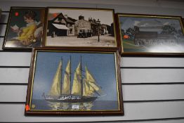 Three needle works and a photograph of Heysham.