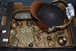 A selection of fire side items and brass wares including copper coal helmet