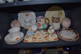A selection of ceramics including hand decorated Peach design Vale and Majollica style jug