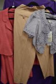 A cerise Hobbs ladies skirt suit, size 14, a pair of Mulerry trousers,size 12 and a Noa Noa