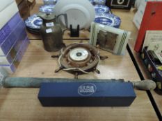 A mixed lot of items including mantel clock, glass lined metal flask/jug and more.