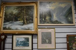 A selection of prints and pictures including oil on canvas in gilt and plaster frame