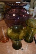 A collection of vintage crackle glass including large amethyst coloured vase and smaller ones in