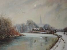 An oil painting, M Addison, winter canal, signed and dated, 1988, 60 x 108cm, framed