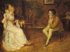 An oil painting, Patrick, period drawing room conversation, 34 x 45cm, framed