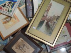 A selection of decorative pictures, mixed genre, inc a watercolour, Florrie Browne, Venician