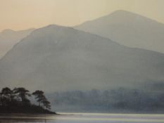 A watercolour, Jim Roudout, St Herberts Isle Derwentwater, 34 x 68cm, framed and glazed