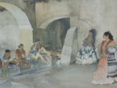 A print after William Russell Flint, Spanish ladies in cloister, signed, 42 x 54cm, framed and