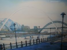 A limited edition print, after D Halliday, Newcastle quayside, numbered 8/100, signed and dated