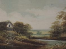 A gouache painting, river cottage, 23 x 30cm, framed and glazed
