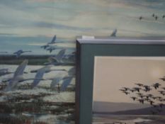 A limited edition print after Peter Scott, geese, signed and numbered 169/250, 55 x 68cm, framed and