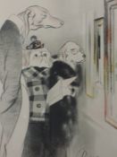 A print after Edmund Blampied, Judging in an Art Gallery, dog interest, 34 x 25cm, framed and