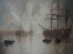 An oil painting John Bampfield, galleons at sea, signed, 30 x 40cm, framed