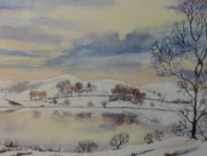 A watercolour, Pat Smith, Winter at Loughrigg Tarn, signed and attributed verso, 20 x 35cm, framed