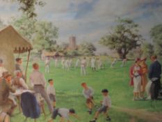 A print after EM, vintage cricket match, indistinctly signed, 43 x 52cm, framed and glazed