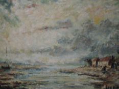 An oil painting on board, J W Taylor, Sunderland Point, signed and attributed verso, 47 x 66cm,