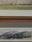 A watercolour, military camp. 13 x 22cm, and a watercolour, landscape, 9 x 28cm, framed and glazed