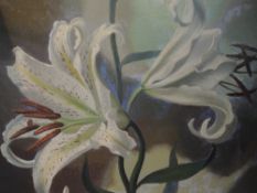An oil painting on board, attributed to Tuson, lillies, signed and dated 1962 verso, 27 x 32cm,