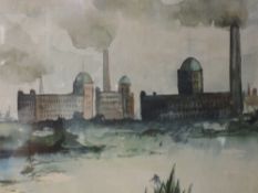 A watercolour, T K Neil, mill town, signed, 29 x 44cm, framed and glazed