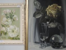 An oil painting on board, Stella Lane, dog roses, signed, 28 x 17cm, framed