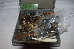 A small box of misc including Cumbria Fire Service buttons, coins, cufflinks, badges etc