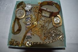 A selection of lady's costume watches and gold plated chains