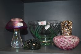 A mixed lot of glass including pink hued iridescent toadstool, perfume bottle,paperweight and bowl.