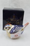 A Royal Crown Derby Goldcrest paperweght, boxed with gold stopper