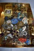 A selection of vintage and later costume brooches including Coalport plate, cats, violin, cherubs