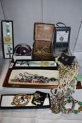 A selection of costume jewellery including vintage diamante necklaces, metal casket containing