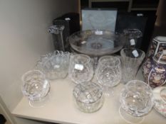 A selection of clear cut glass wares including Stuart brandy glasses with box and heavy set candle