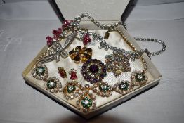 A small selection of vintage diamante jewellery including Austrian necklace, brooches etc