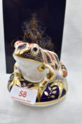 A Royal Crown Derby Frog paperweight, boxed with gold stopper