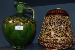 An unusual Minton Majollica style vase or lantern having incised floral outer body with inner (AF)