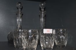 Two vintage etched decanters and four Webb Corbett crystal tumblers.