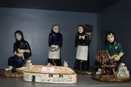 Four Coll pottery figurines and a similar trinket dish with lid in form of a croft.