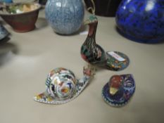 A selection of cloisonne animals including peacock snail and duck