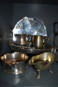 A small selection of silver plate including tankards, table basket, bottle coaster etc