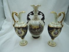 a pair of Coalport mantle urns with high gilt decoration and similar Vienna vase