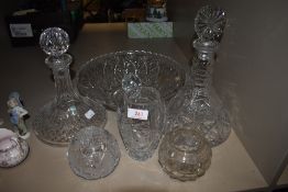A selection of clear cut and leaded glass wares including named decanter