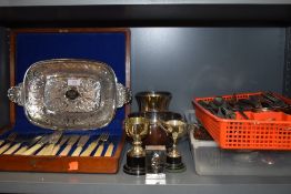 A selection of fine cutlery and flat wares including cased bone handled and Maple