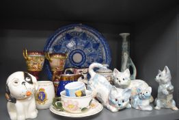 A selection of ceramics including Crown Devon Dog two Vienna mantle garnitures etc