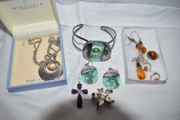 A selection of white metal jewellery, most stamped 925 including Baltic amber pendant and