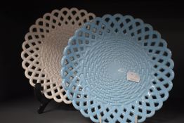 Two Victorian Sowerby vitro porcelain/milk glass plates having basket weave design, one in blue