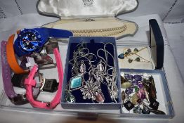 A selection of costume jewellery and wrist watches including cuff bangle, Paua shell jewellery,